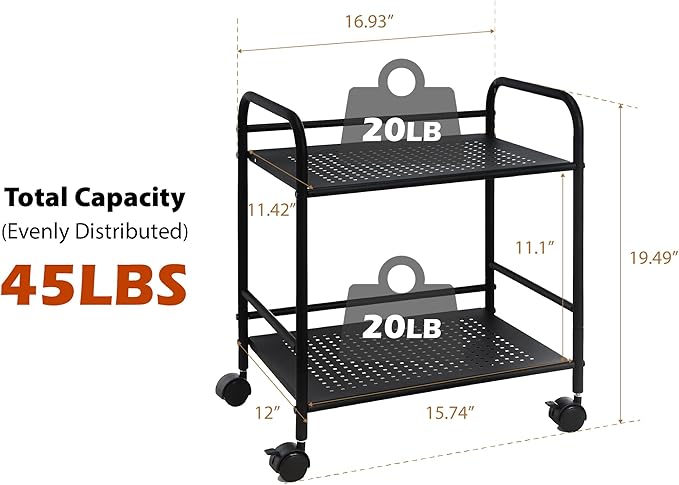 SunnyPoint 2-Tier Metal Rolling Utility Cart – Mobile Storage Shelf with Caster Wheels – Small Space Organizer for Home, Office, Bedroom, Kitchen (BLK)