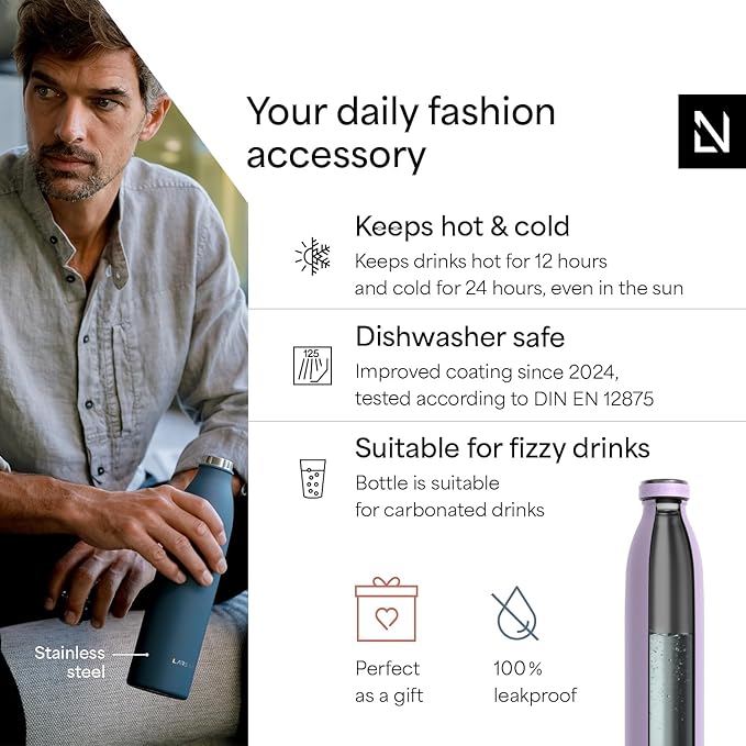 LARS NYSØM Stainless Steel Insulated Water Bottle 12oz 17oz 25oz 34oz 51oz | Insulated Thermo Flask for Hot and Cold Beverages | Leakproof Drinking Bottle (Lavender Purple, 33.9oz)