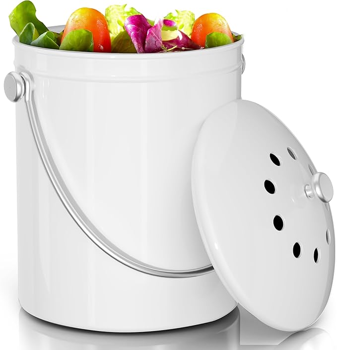 Utopia Kitchen Compost Bin for Kitchen Countertop, 1 Gallon Compost Bucket for Kitchen with Lid, Includes 1 Spare Charcoal Filter (White)