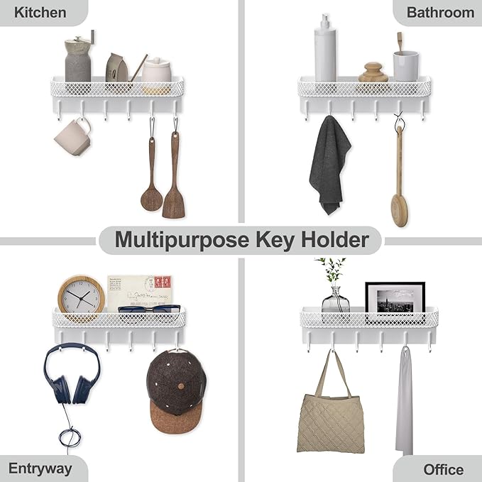 Key Holder for Wall – Decorative Stainless Steel Key Hanger with 6 Hooks for Hats, Bags, Leashes – Mail Holder Key Rack with Mounting Hardware and Guide (9.65” x 2.8” x 2.2”) (White)