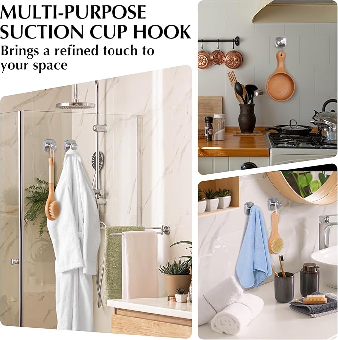 Suction Cup Hooks for Shower - Reusable No-Drill Mounting - Hooks for Towels, Robes & Loofah on Metal, Glass, Mirrors, Tile & Smooth Non-Porous Surfaces (2, Brushed Nickel)