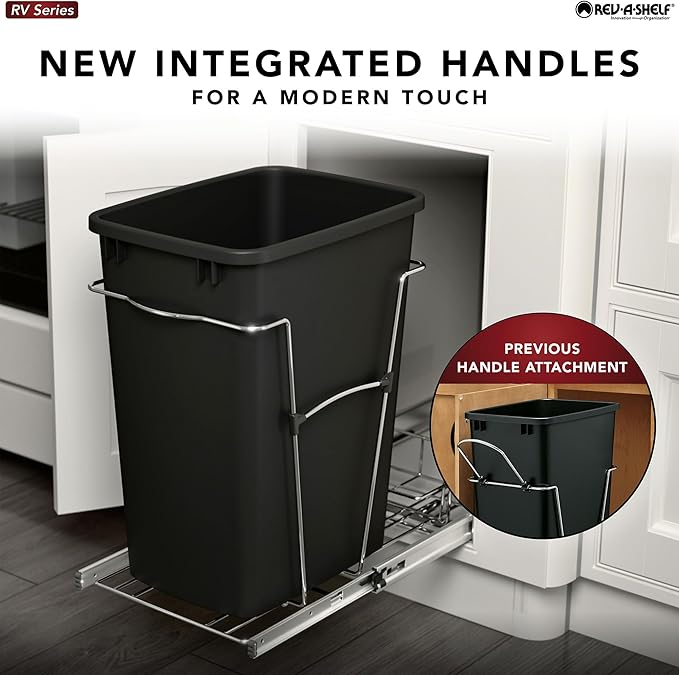 Rev-A-Shelf RV-12KD-18C S 35-Quart Chrome Wire Bottom Mount Pullout Kitchen Waste Trash Can Container Bin with Rear Storage, Black
