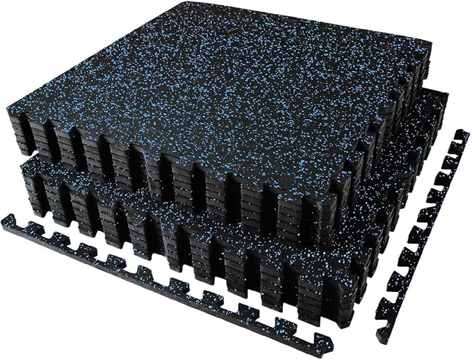 AIRHOP 0.56in Thick 48 Sq Ft Exercise Equipment Mats, 12 Tiles Upgraded Rubber Top with High Density EVA Foam, Large Interlocking Puzzle Gym Flooring for Home Gym, Heavy Weight Workout,Black & Blue