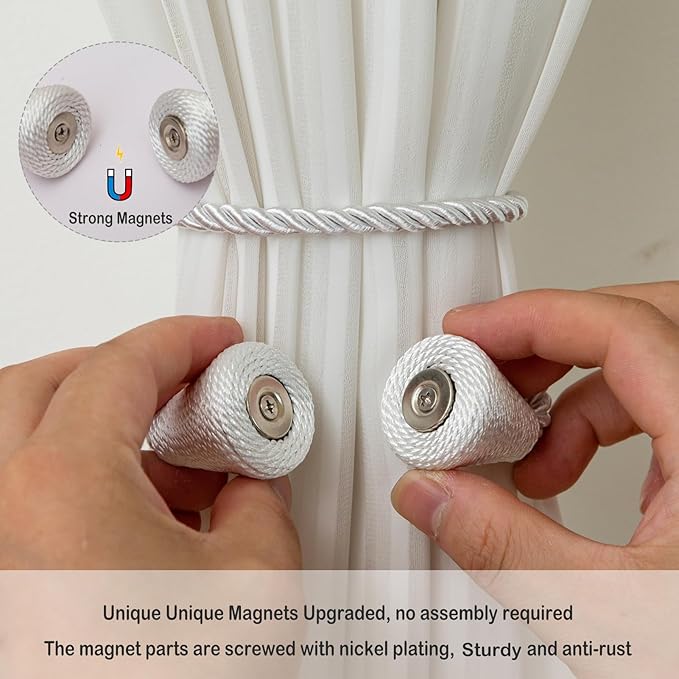 Magnetic Curtain Tiebacks 2 Pack Outdoor Rope Curtain Tie Backs Decorative Window Treatment Holdbacks for Home Decorative Curtain, White