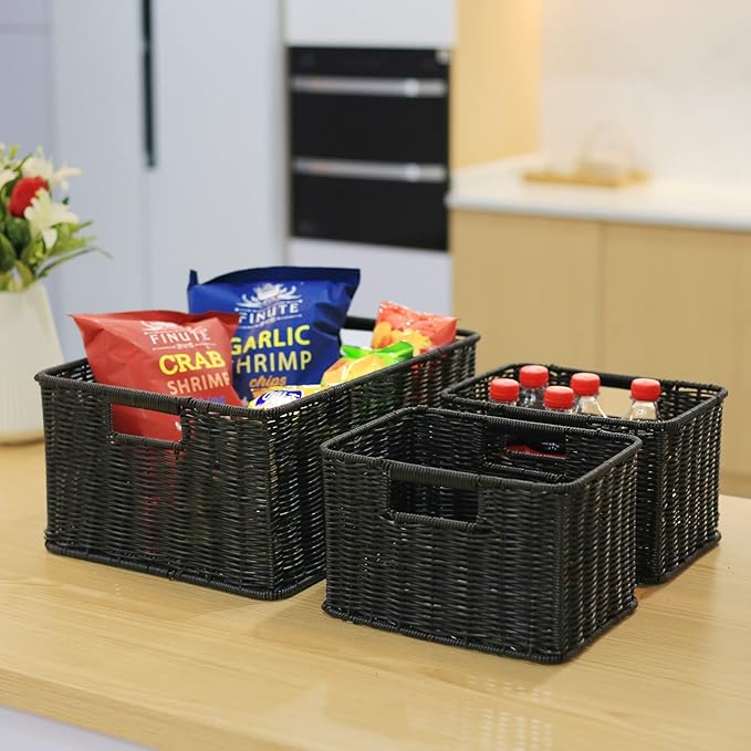 HOONEX Large Wicker Baskets for Storage, Woven Plastic With Dual Handles, Set of 3, Black
