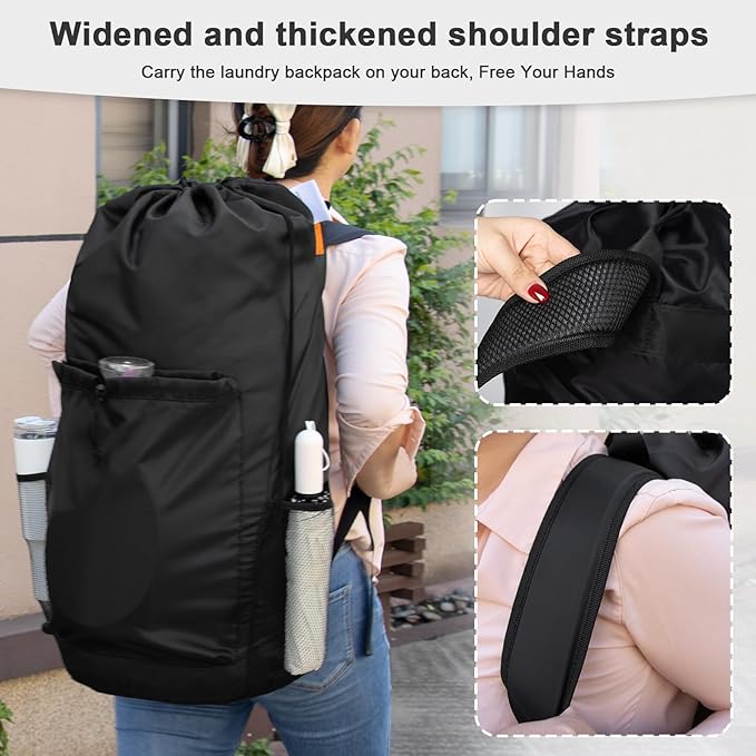 Polecasa Extra Heavy Duty Large Backpack Laundry Bag with Comfortable Padded Shoulder Straps & 4 Pockets, Sturdy & Durable Clothes Storage Bags, Hamper Drawstring bag for Dorm, College, Travel, Black