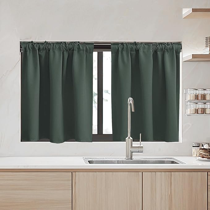 RYB HOME Kitchen Window Curtains Over Sink - Blackout Insualting Privacy Curtains for Kids Bedroom Kitchen Bathroom Basement Cafe Cabinet Tiers Drapes, 34 Width x 30 Length, 2 Panels, Dark Green
