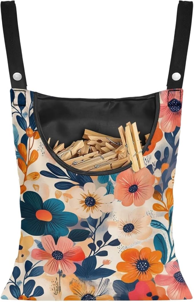Colorful Gorgeous Flowers Rotatable Clothespin Storage Bag - Large Opening Waterproof Organizer for Laundry Room, Garden and Clothesline Hanging