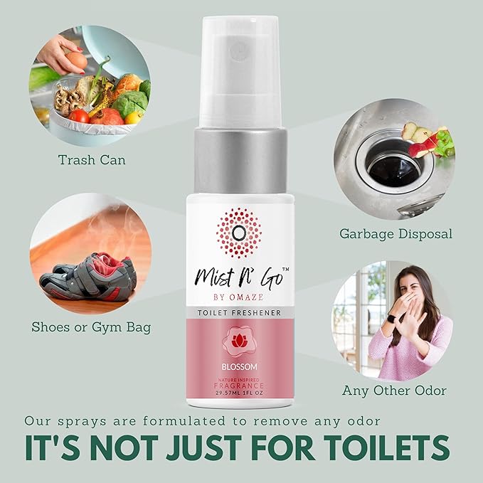 Mist N’ Go by Omaze Travel Bathroom Spray for Toilet Spray Odor Eliminator - Travel Toilet Spray for Bathroom Air Freshener Spray for Bathroom Deodorizer - Blossom Travel Size (1oz x3)