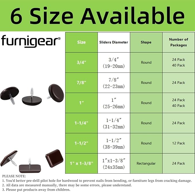 Furniture Glides Sliders-Furnigear PTFE (Teflon) Chair Leg Movers Sliders for Carpet and Hardwood Surface - Move Your Furniture Easily & Safely - Best Floor Protector (1-1/4", Brown-24pack)
