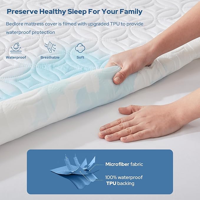 BEDLORE Waterproof Mattress Protector, Twin Size Mattress Pad with Deep Pocket 6"-15" Depth, Soft Breathable Single Bed Mattress Cover for Bedroom, Dorm Room (White)