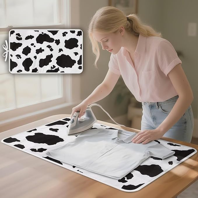 Cow Print Ironing Mat Portable Ironing Pad,Black and White 32 x 16 Inch Large Ironing Mat for Table Top of Washer, Dryer, Table Top, Countertop, Heat Resistant Iron Board Pads