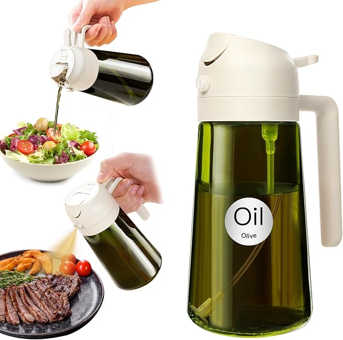 YARRAMATE 16oz/470ml Light-Blocking Dark Oil Sprayer for Cooking, 2 in 1 Olive Oil Dispenser Bottle for Kitchen, Premium Dark Green Glass Oil Bottle, Food-Grade Oil Mister for Air Fryer, BBQ (White)
