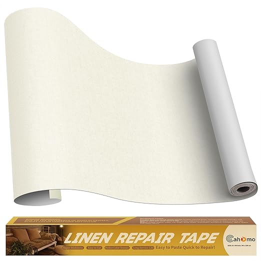 Linen Repair Tape 16x90 inch, Self Adhesive Fabric Patches, Linen Patch Tape Kit, Fabric Repair Tape for Couch Sofas, Headboards, Chairs, Pillows, Curtains, Couches - Beige White