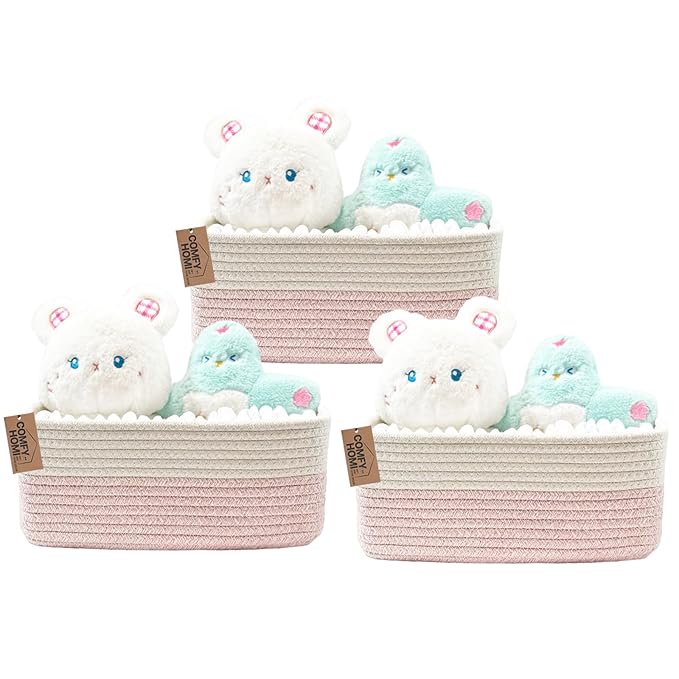 COMFY-HOMI 11.5"x7.5"x4.7" Storage Baskets for Organizing | Cotton Rope Woven Basket | Toy Storage Bin Box | Basket for Shelves, Closet Organizer Bin, Decorative Closet Shelf, 3 Pack, Pink