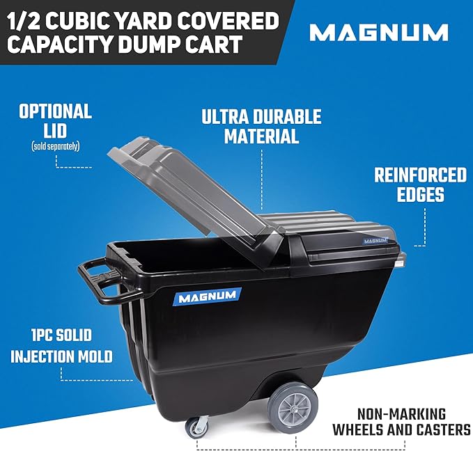 Magnum Tilt Truck, 1/2 Cu. Yd. Capacity Dump Cart with Non-Marking 12” Wheels & 5” Casters for Handling, Transporting on Construction Jobsites, 750 lbs, Trash Cart with Wheels DUC12T-NM-02PK (2-Pack)
