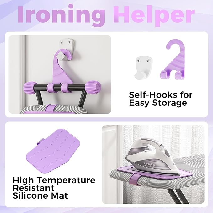 KINGBOARD Ironing Board, Compact Iron Board with Silicon Iron Mat, Heat Resistant Cover, 7 Height Adjustable, Foldable Ironing Board Wall Mount Hanger, 13x43 Grey