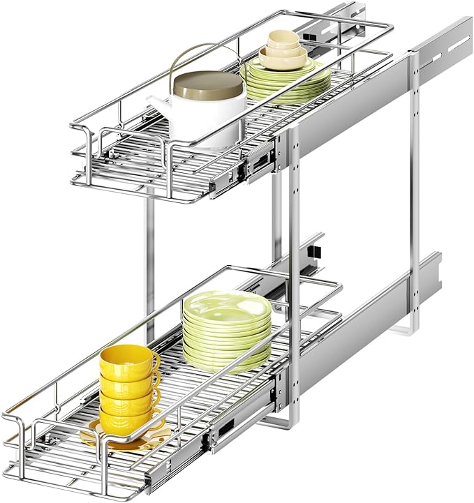 2 Tier Individual Pull Out Cabinet Organizer 9" W x 21½" D, Heavy Duty Cabinet Pull Out Shelves, Slide Out Drawers Organization for Kitchen Cabinets Bathroom