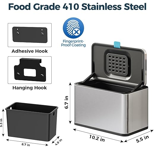 Stainless Steel Hanging Trash Can with Lid and Inner Bucket, 1 Gallon Kitchen Compost Bin for Counter Top, Under Sink or Wall Mount, Small Garbage Can for Cupboard/Bathroom/Bedroom/RV