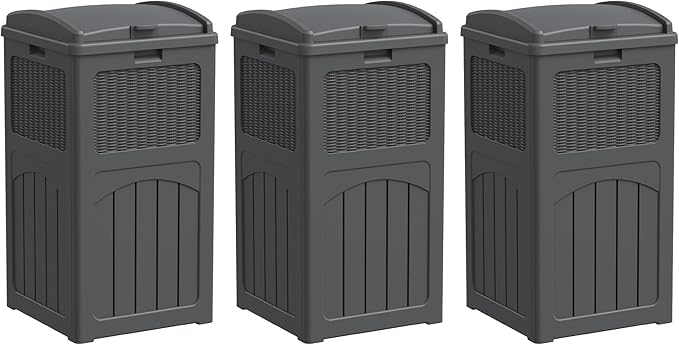 Greesum 33 Gallon Outdoor Trash Can with Lid, Waterproof Resin Garbage Bin for Hideaway, Deck, Patio, 3 Pack, Gray