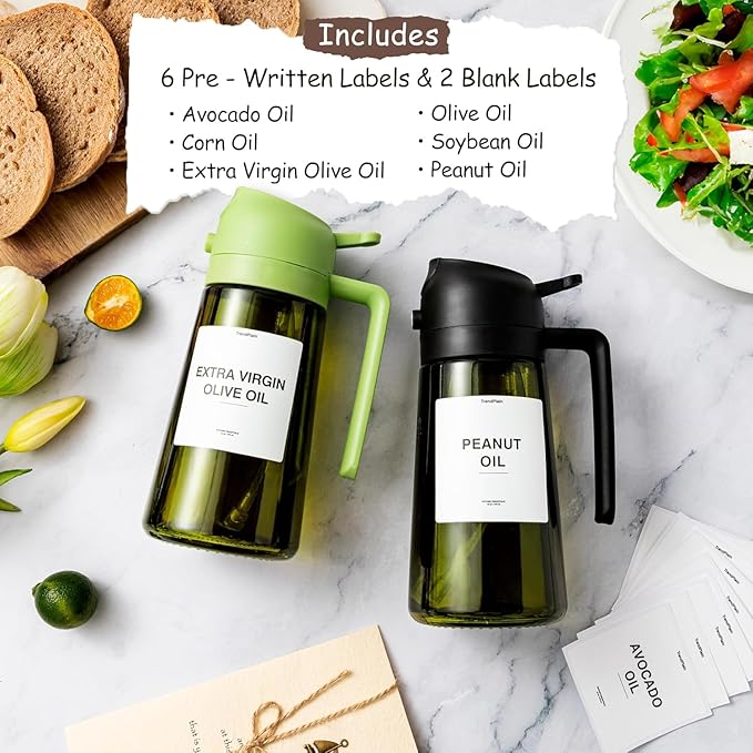 TrendPlain - Original 16oz/470ml Olive Oil Dispenser Bottle for Kitchen Gadgets and Air Fryer Accessories - Olive Oil Sprayer for Cooking w/Stickers - Ash