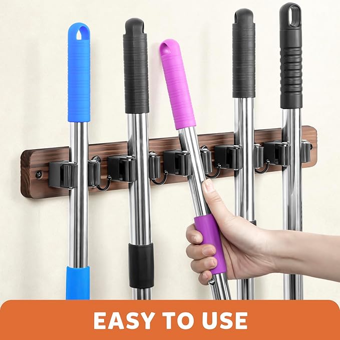 IMILLET Broom Holder Wall Mount, Rustic Wood Broom Hanger with 5 Racks and 4 Hooks, Laundry Room Organization and Storage, Mop Holder for Home Decor, Garden, Garage, Kitchen, Closet