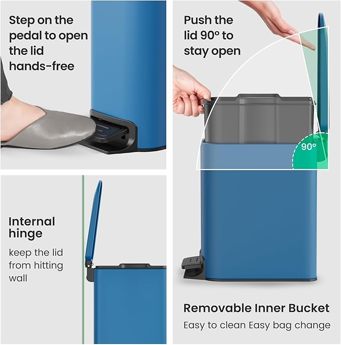 Cesun Small Bathroom Trash Can with Lid Soft Close, Step Pedal, 6 Liter / 1.6 Gallon Stainless Steel Garbage Can with Removable Inner Bucket, Anti-Fingerprint Finish (Blue)