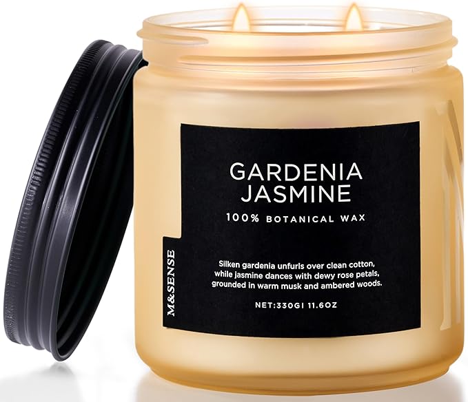 M&SENSE Gardenia Jasmine Scented Candle - 11.6oz Natural Soy Wax Clean Non Toxic 70-Hour Burn, 2-Wick Aromatherapy Candle for Bath & Office - Highly Scented Housewarming Gift for Mom Teacher Friends