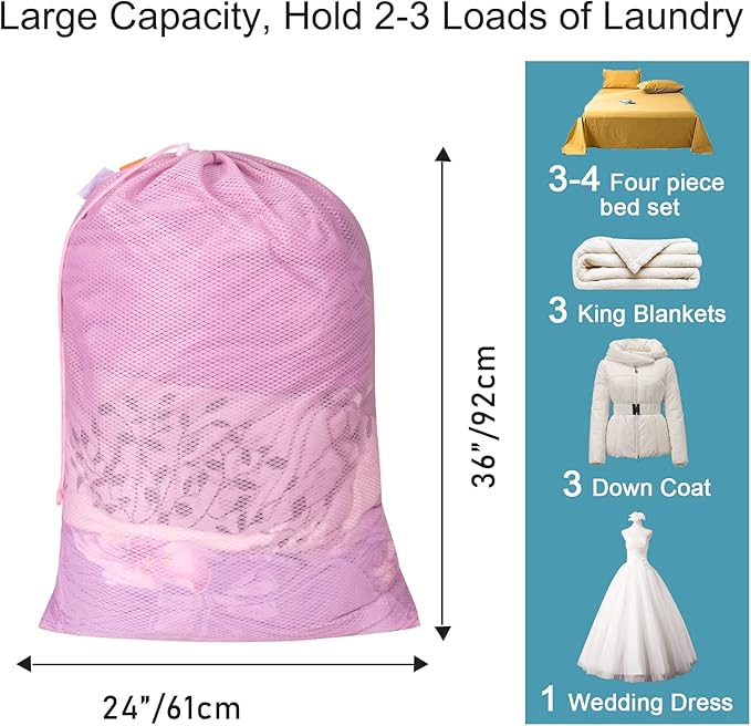 Polecasa Heavy Duty Large Mesh Laundry Bags with ID Tag and Locking Drawstring Closure - 2 Pack, 24 x 36 inches - Laundry Hamper Liner, Washable Laundry Bag for Travel, Sports, Dorms (Pink)