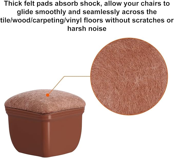 Ezprotekt 24 Pcs Square Chair Leg Floor Protectors with Felt, Silicone Felt Furniture Pads Cups for Hardwood Floor, Dining Table Leg Caps Covers No Scratches (L Fit: 1" to 1.4", Brown)