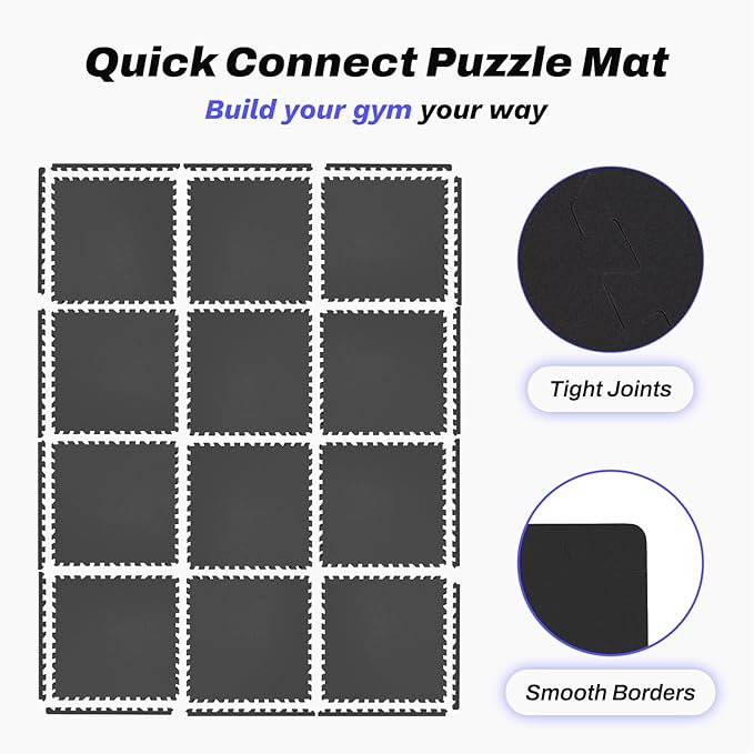 AIRHOP 0.56in Thick 48 Sq Ft Exercise Equipment Mats, 12 Tiles Upgraded Rubber Top with High Density EVA Foam, Large Interlocking Puzzle Gym Flooring for Home Gym, Heavy Weight Workout,Black