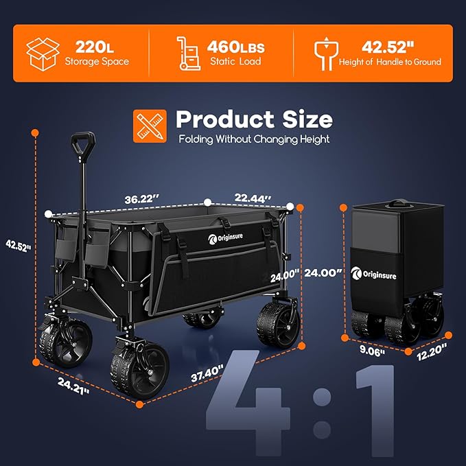220L Collapsible Wagon Cart Foldable, 460lbs Load Capacity Heavy Duty Folding Beach Wagons with Big All-Terrain Wheels, Utility Carts for Groceries, Shopping, Camping, Sports - Grey&Black