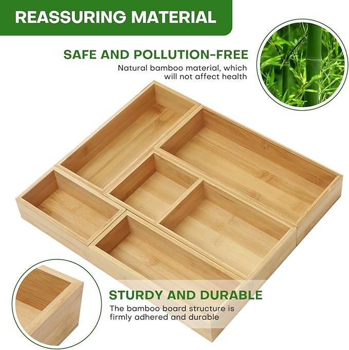 Bamboo Drawer Organizer Set, 5 PCS Multi-Use Individual Wood Storage Organizers, Junk Drawer Divider and Storage Trays Containers for Kitchen, Bathroom, Office Desk, Makeup, Jewelry, Utensils