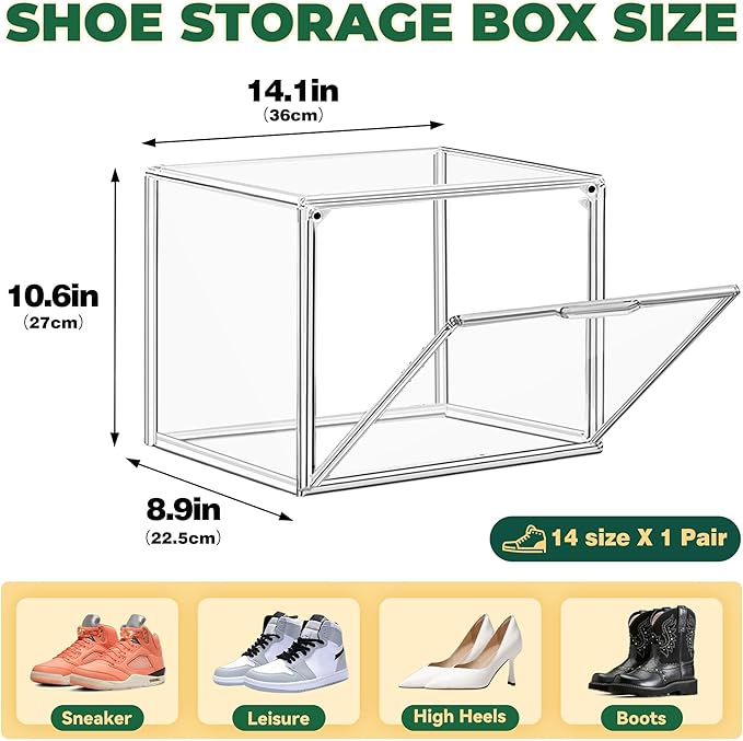 12 Pack Thicken Shoe Rack Organizer for Closet Acrylic Shoe Box with Magnetic Door Sneaker Display Case Handbag Purse Organizer, Fit up to US Size 14