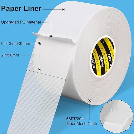 3Pack Double Sided Tape Heavy Duty, 2in x 66FT, Universal High Tack Strong Wall Adhesive with Fiberglass Mesh, Super Sticky Resistante Clear Tape, Easy Use Mounting Tape White