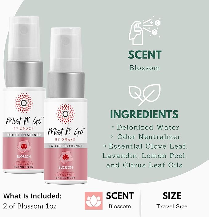 Mist N’ Go by Omaze Travel Bathroom Spray for Toilet Spray Odor Eliminator - Travel Toilet Spray for Bathroom Air Freshener Spray for Bathroom Deodorizer - Blossom Travel Size (1oz x2)