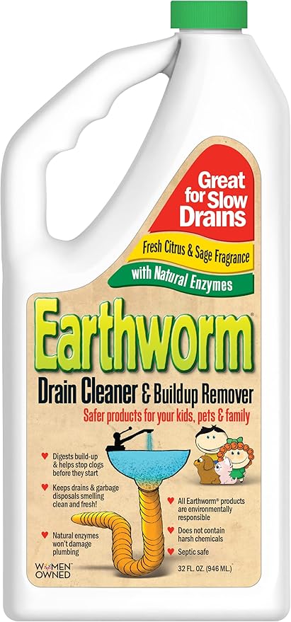 Earthworm Drain Cleaner - Clog Remover - Drain Opener/Deodorizer - Natural Enzymes, Safer for Families, Environmentally Responsible - 32 fl oz