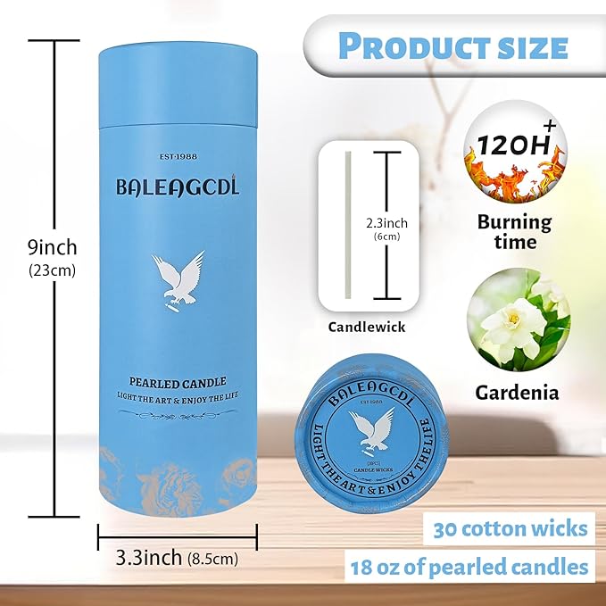 White Pearled Candle 18oz Luxury Sand Candle Granulated Wax - 30 Cotton Wicks - Gardenia Scented - Lasts up to 120 Hours