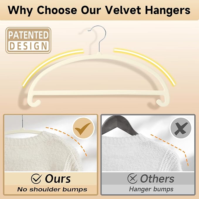 MIZGI 50 Pack Ivory Velvet Hangers - No Shoulder Bumps, Heavy Duty Non-Slip Chrome Hooks for Jackets, Coats, Pants