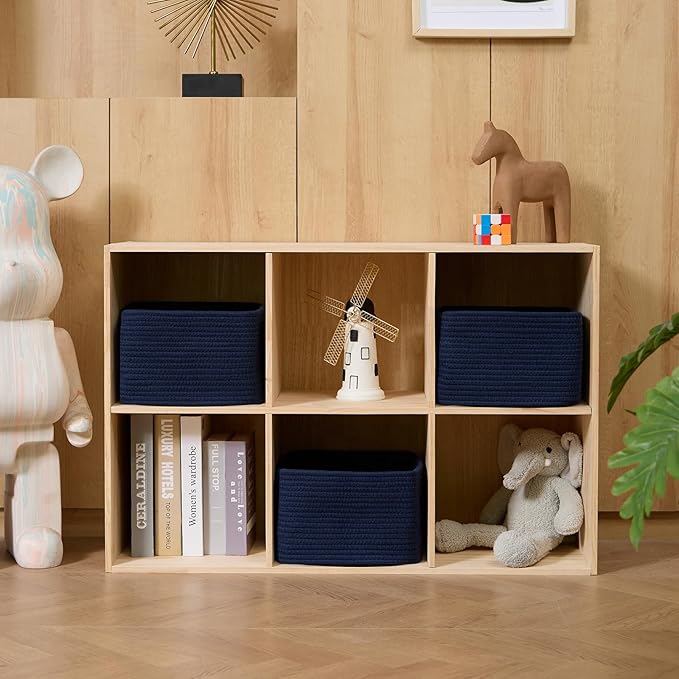 Small Organizing Baskets for Cubes Shelf, 9.7x9.7x7.1 Inch Rope Woven Storage Bins for Nursery Shelves Storage, Cute Toy Basket, Square 3 Packs Navy Blue