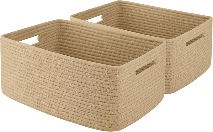 OIAHOMY Storage Basket for Shelves, Closet Cube Storage Bins Baskets for Clothes Blanket Towels, Baby Nursery, Toy Baskets Box, Woven Rope Basket, 15.75*11.81*7.09 ININ, 2 Packs Jute Yellow