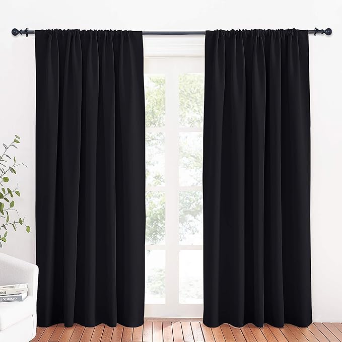 RYB HOME Curtains for Bedroom 72 inches Long, Blackout Thermal Insulating Window Treatment Drapes for Living Room Bathroom Basement Laundry Classroom, W 34 x L 72, Black, 2 Panels