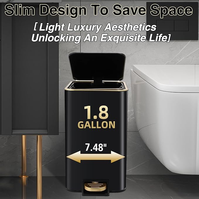 Small Bathroom Trash Can with Lid Soft Close, 1.8 Gallon Stainless Steel Garbage Can with Removable Inner Bucket,80Count Compostable Trash Bags, Slim Step Pedal Trash Bins