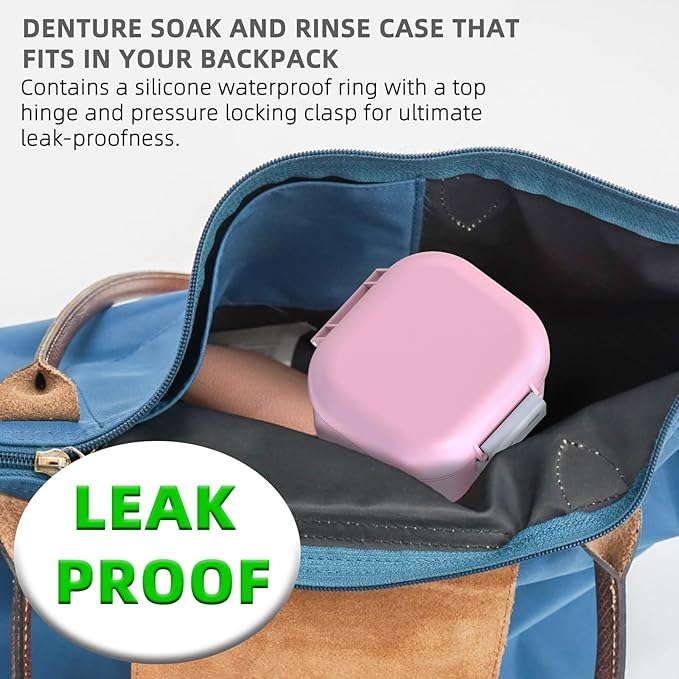 ARGOMAX Leak Proof Denture Bath Cup, Portable Soaking Denture Box, Denture Bath Case with Strainer, for Dentures and Braces (Pink + White).