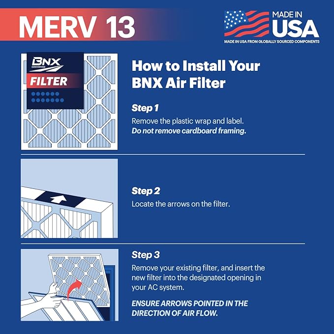 BNX TruFilter 20x20x1 MERV 13 (12-Pack) AC Furnace Air Filter - MADE IN USA - Electrostatic Pleated Air Conditioner HVAC AC Furnace Filters - Removes Pollen, Mold, Bacteria, Smoke