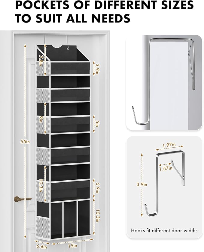 Over The Door Organizer Storage - 50lb Heavy Duty 6 Shelf Over Door Organizer Hanging Space Saving Perfect for Bedroom Bathroom Dorm Nursery (Black)