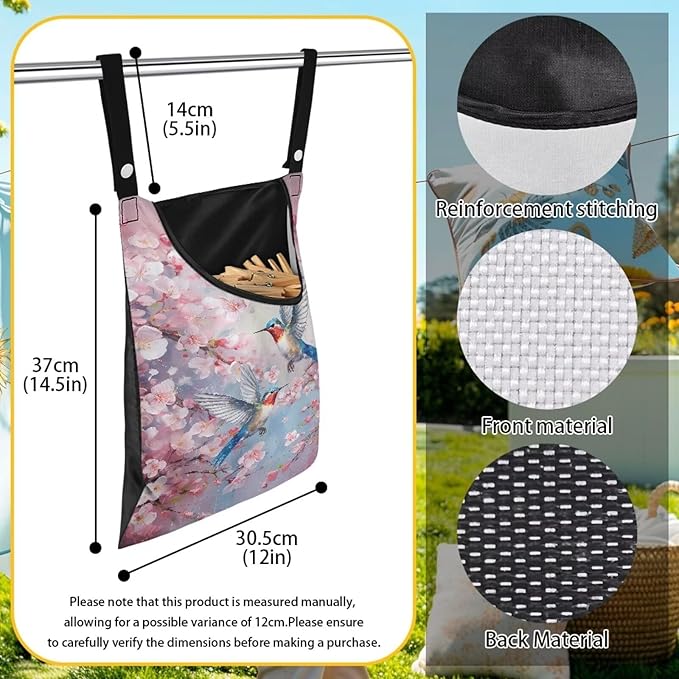 Hummingbird Clothespin Bag with Hanging Hook Cherry Blossom Clothes Pin Holder Waterproof Clothespin Storage Organizer with Large Opening Clothespin Bag for Clothesline Outdoor