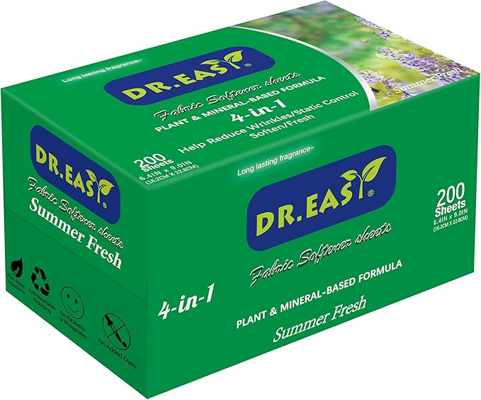 DR.EASY SUMMER FRESH Dryer Sheets Plant Based Formula 200 Ct Fabric Softener sheets for Laundry Essential Oil Scented No Artificial Fragrances No Dyes Reduce Static & Wrinkles Help Repel Pet Hair