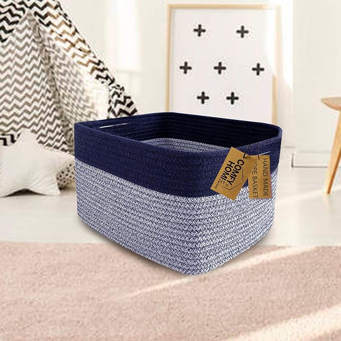 COMFY-HOMI 3PACK Rectangular Cotton Rope Basket With Handles for Shelves|Dog Toy|Baby Gift - Dark Blue (13.5" x 11" x 9.5")
