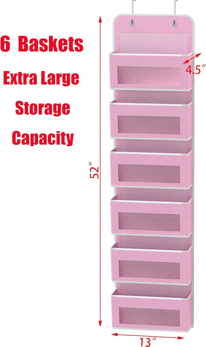 Simple Houseware 6 Clear Window Pocket Over Closet Door Storage Hanging Organizer for Bedroom, Bathroom, Pantry, Pink